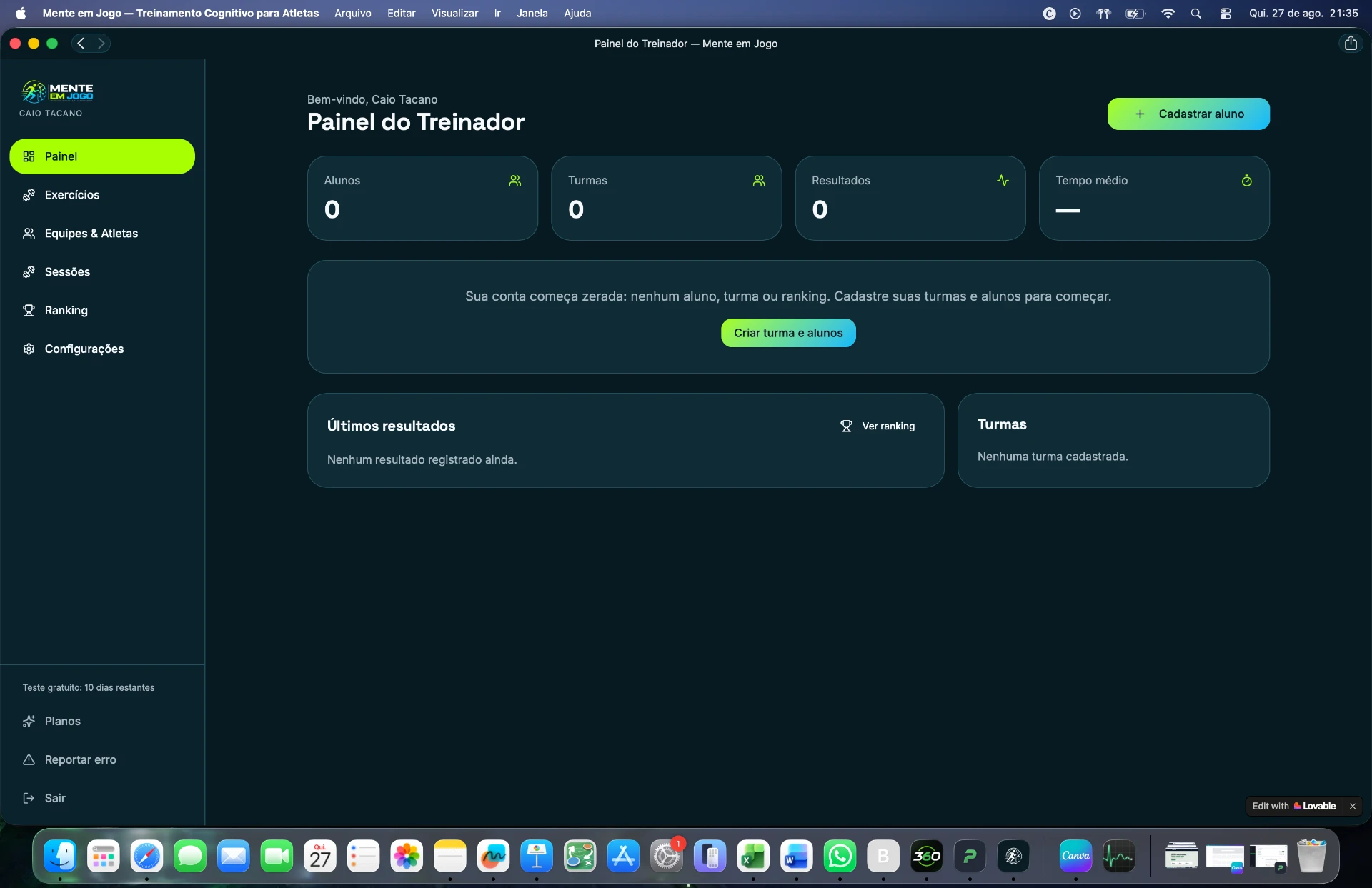 Screenshot — Painel do treinador