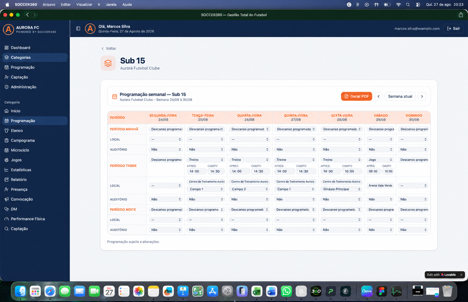 Screenshot — Programação semanal